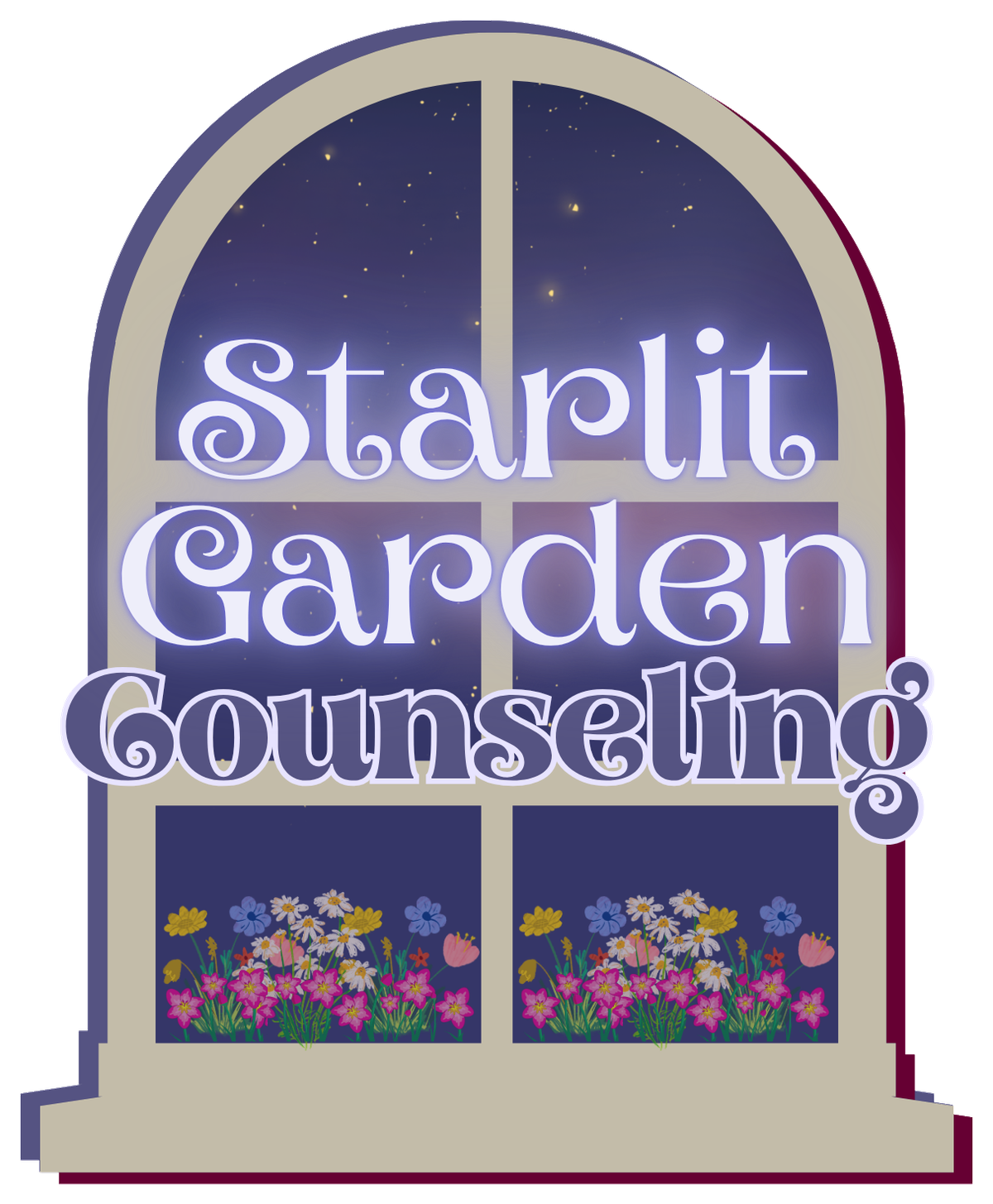 Starlit Garden Counseling logo: an arched window opening onto a starlit night sky above a garden of flowers